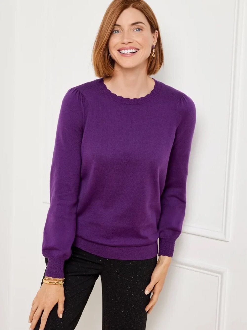 Talbots Cotton Wool Blend Scalloped Bishop Sleeve Purple Sweater Petite Small